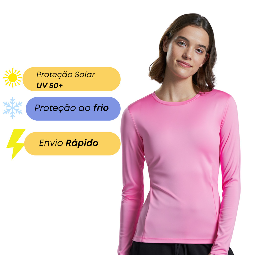 Blusa Proteção Solar Feminina UV Lisa Segunda Pele Cores Camiseta 50+ Termica Praia Piscina Treino