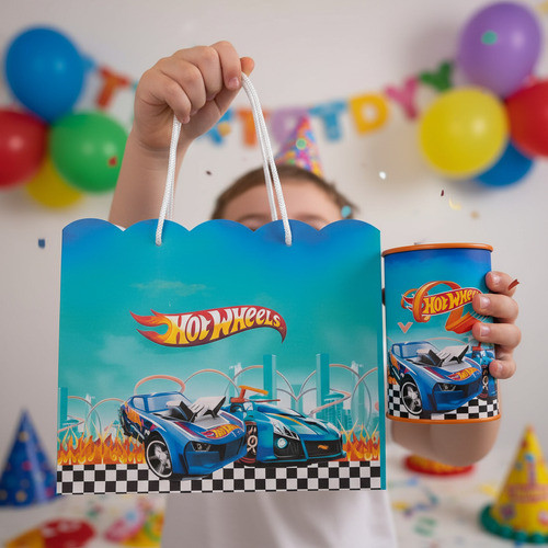 Kit Festa Sacola G e Cofrinho Hot Wheels Aniversário Infantil Lembrancinha