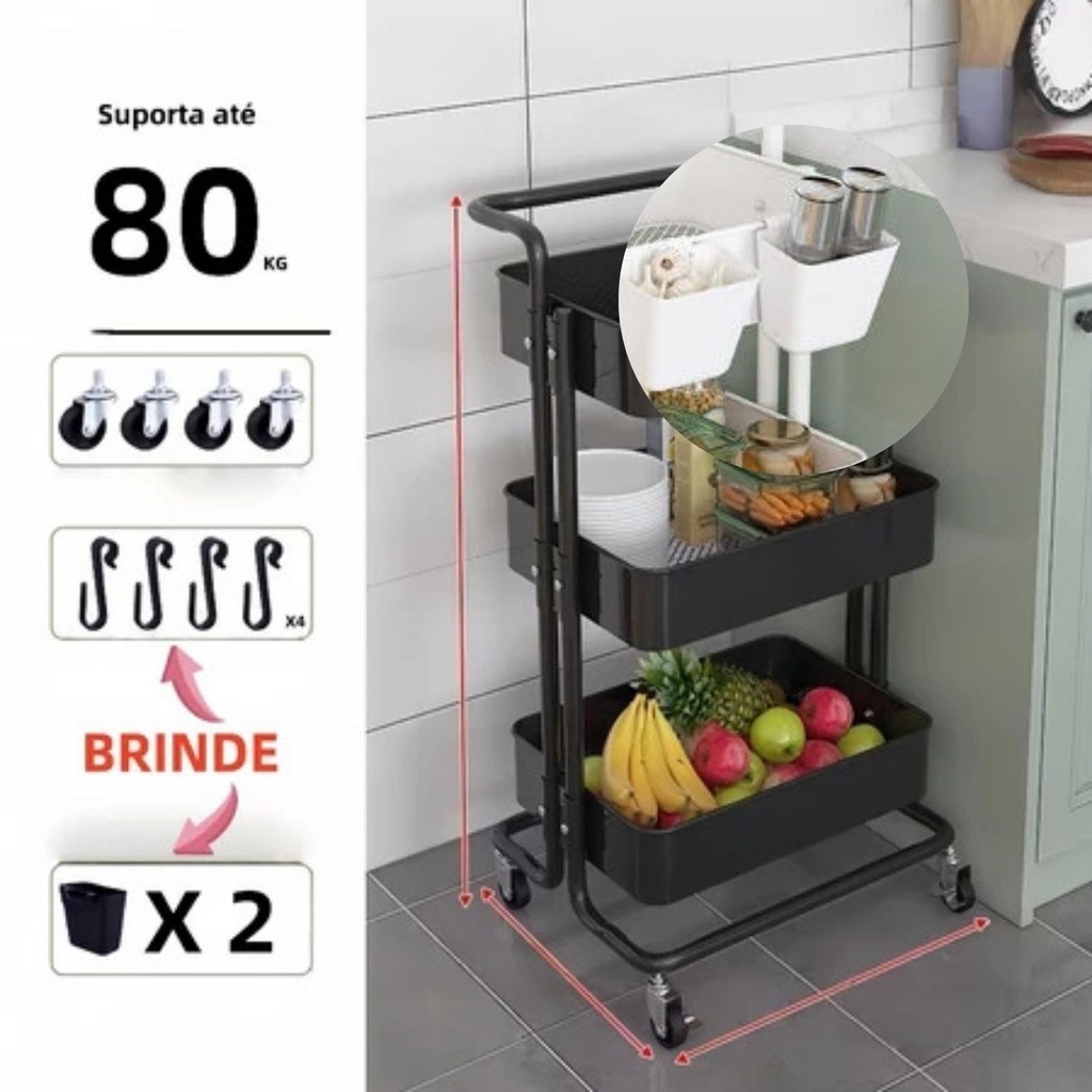 Carrinho Organizador Multiuso 3 Prateleiras e Alça Auxiliar Em Aço Com Rodinha Entrega rápida. em Oferta na Shopee