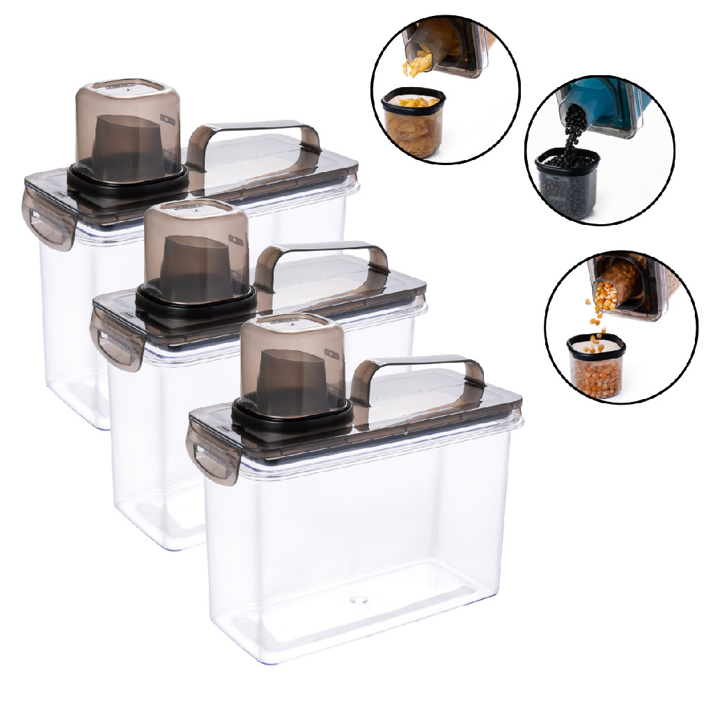 Kit 3 Dispenser Hermético Com Dosador e Trava Organizar Cozinha Lavanderia Despensa Cereais Mantimentos Ração Amaciante