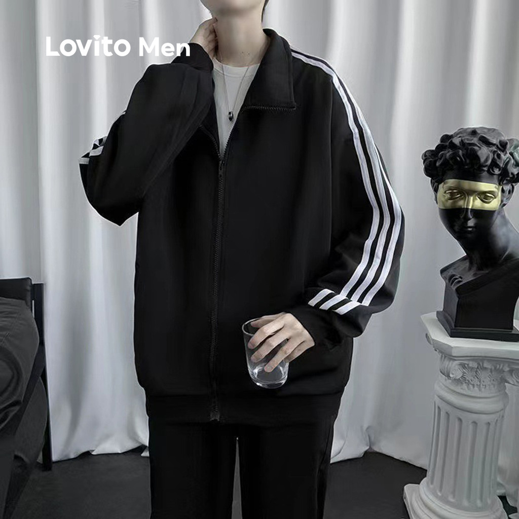 Detalhes do Lovito Jaqueta Masculina Casual Clássica E Versátil Com Detalhes Contrastantes Ideal Para Outono/inverno Preta LNE122168