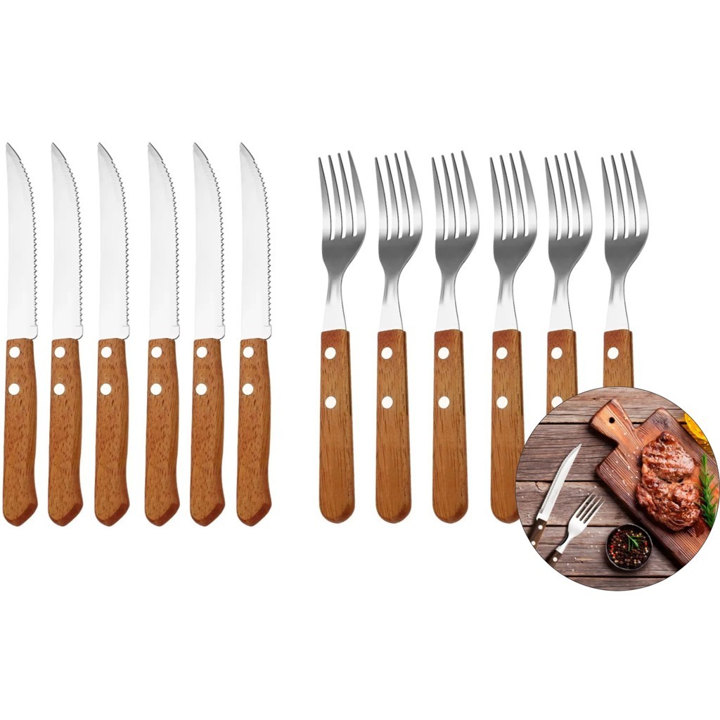 Jogo de Talheres Cozinha Aço Inox Talher Faca Garfo Grande Cabo Madeira de Serrilhada Faqueiro em Oferta na Shopee