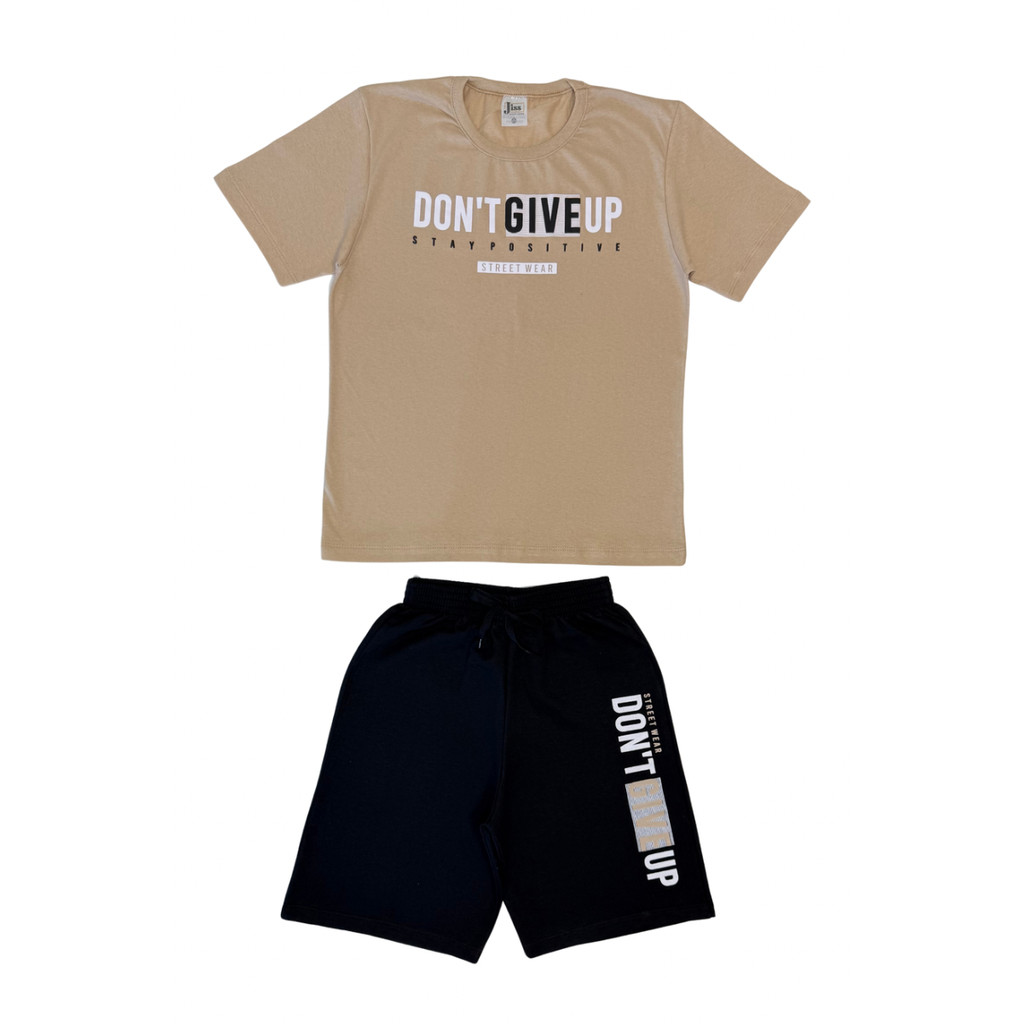 Conjunto Juvenil Masculino Meia Malha/Moletinho Bege Com Preto