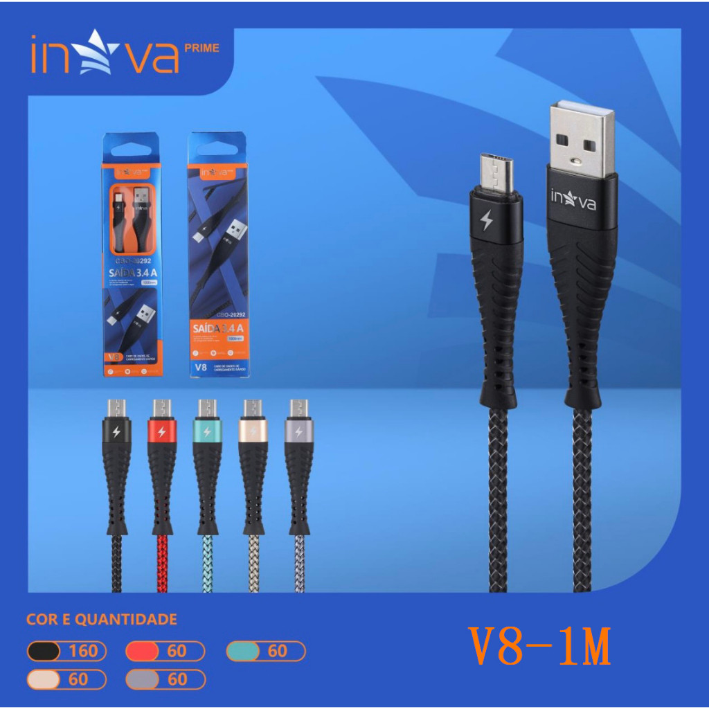 Kit 3 Cabo de Carregar Usb Para Celula V8 Android Type C iphone 1Metros Inova 3.4A Rápida Yan em Oferta na Shopee