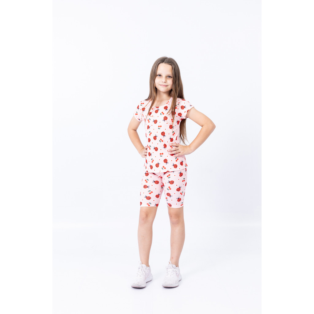 Conjunto Canelado Joaninha Menina Infantil Blusa Manga Curta + Bermuda Cós Elástico