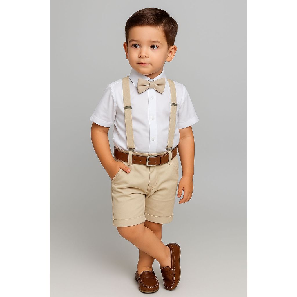 Conjunto Roupa Social Bermuda Nude Cinto Suspensório Camisa Branca Gravata Formatura Pajem Casamento Festa em Oferta na Shopee