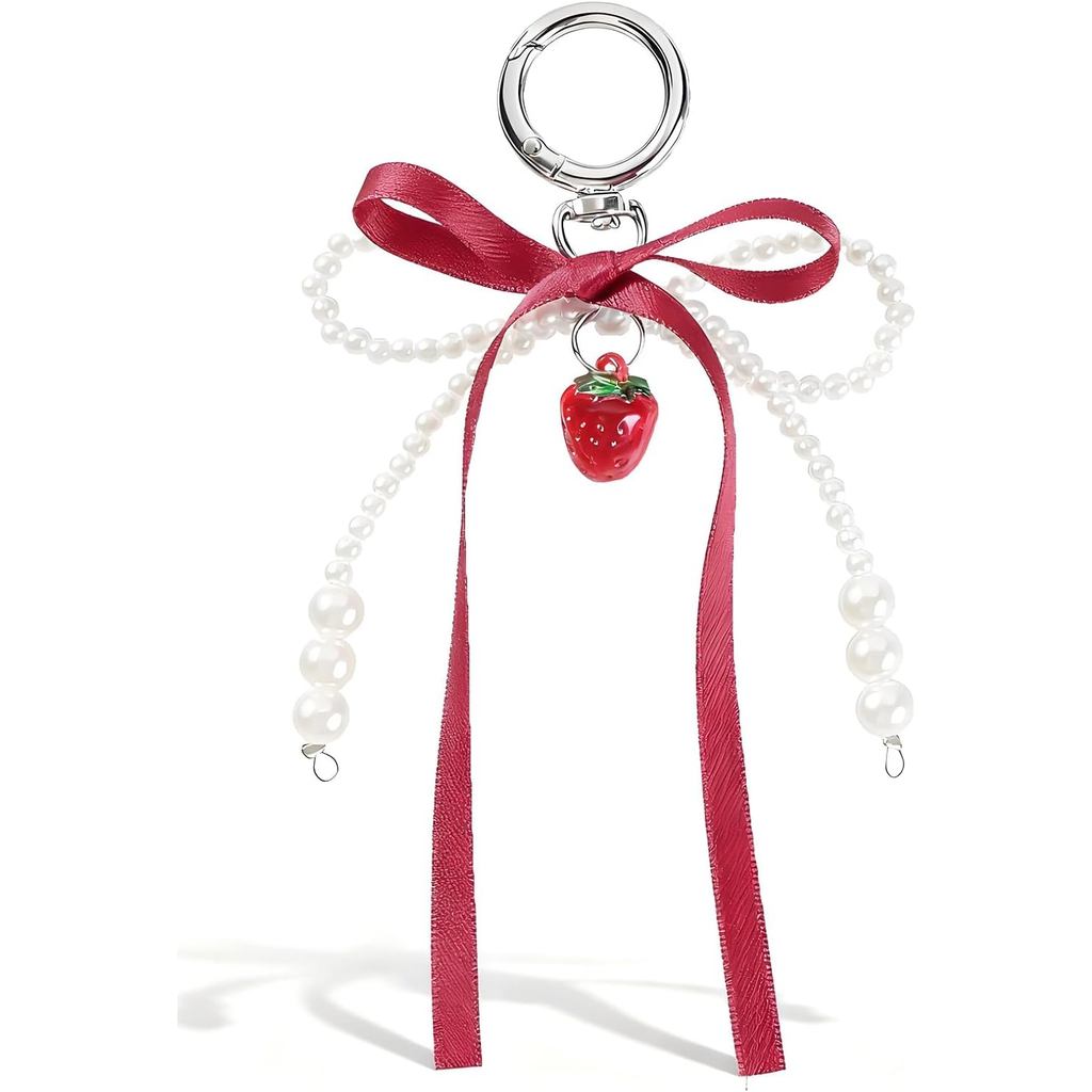 Kawaii Bonito Arco Chaveiro Pérola Morango Para Mulheres Saco Encantos Frisado Bolsa Bolsas Presentes De Aniversário