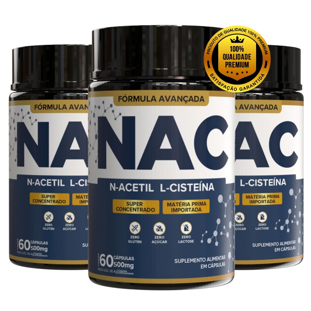 kit 3 NAC N-Acetil L-Cisteína Precursor da Glutationa Imunidade e Saúde do Fígado 500mg - 180 Caps