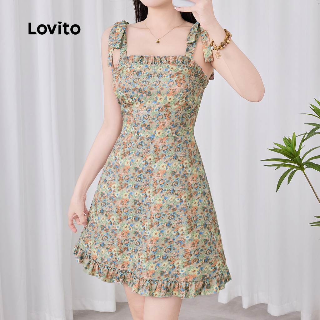 Lovito Vestido Boho com Acabamento de Alface  Zíper  Primavera/verão para mulheres L142ED269 em Oferta na Shopee