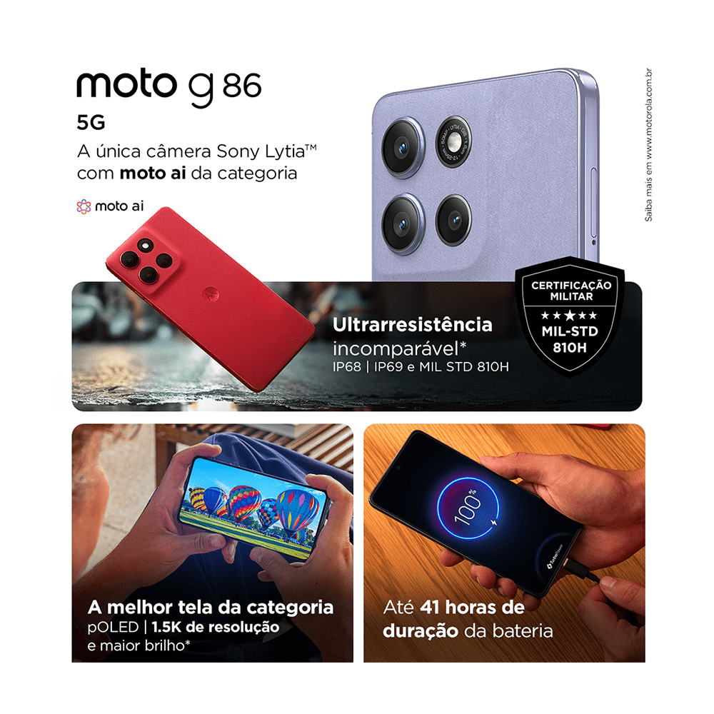 Detalhes do Smartphone Motorola Moto g86 5G - 512GB, 8GB RAM+16GB RAM Boost 50MP Sony camera Moto AI