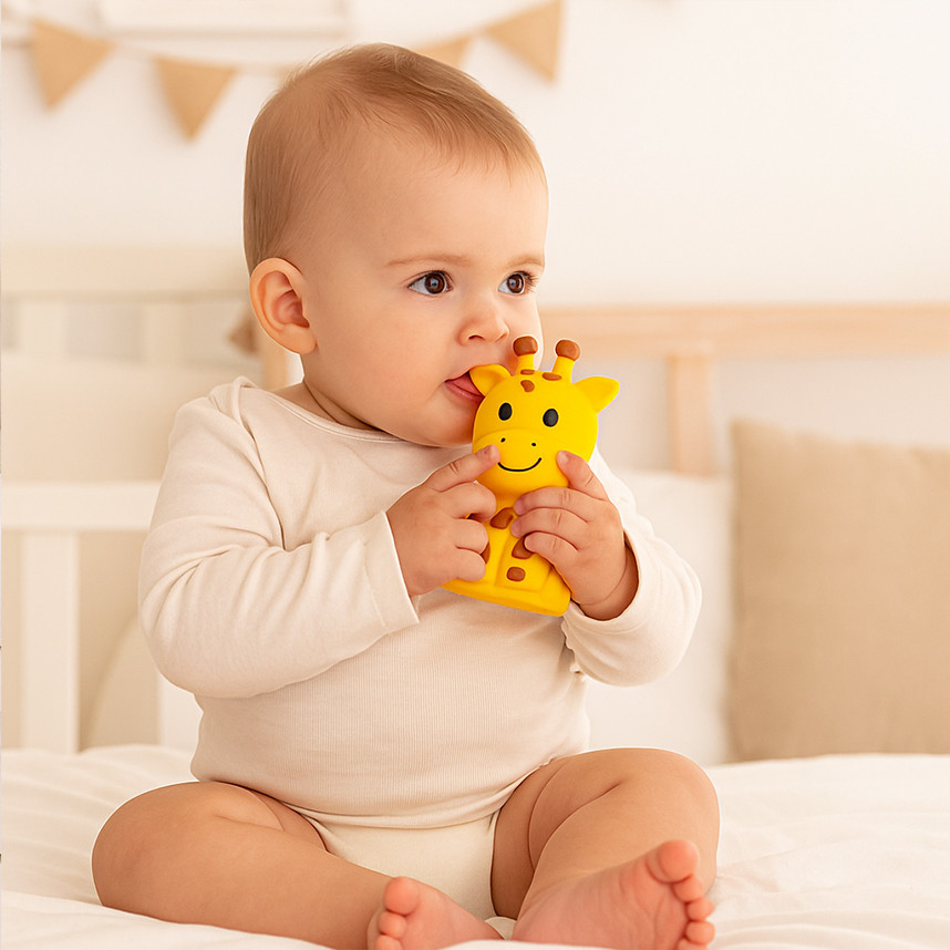 Mordedor Bebê Girafa Amarela Textoy +4M Látex Alívio Gengiva
