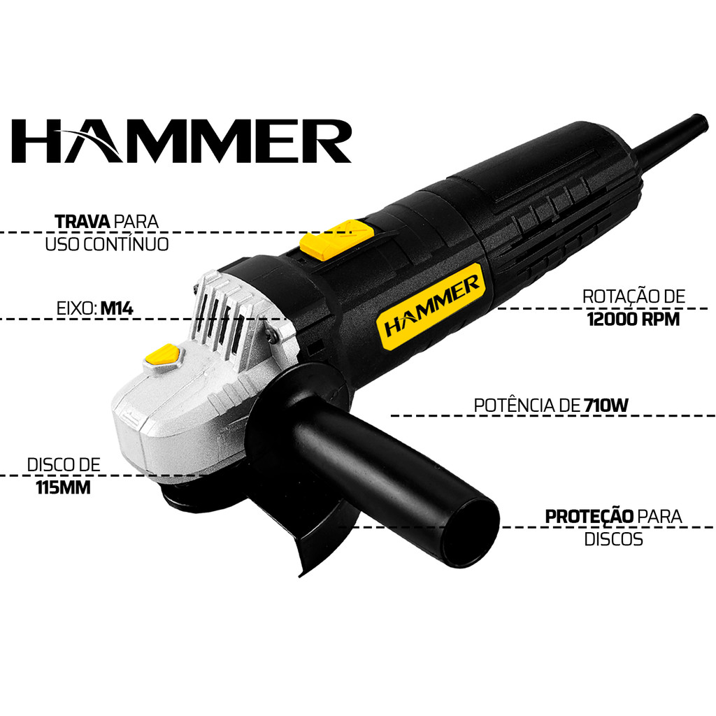Esmerilhadeira Angular 710w 4.1/2 115mm Hammer em Oferta na Shopee