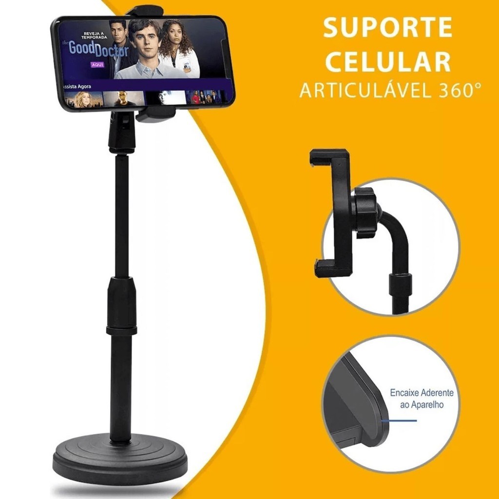 Suporte de Mesa Para Celular Tripé Apoiador Escritorio Ajustável Articulado 360º