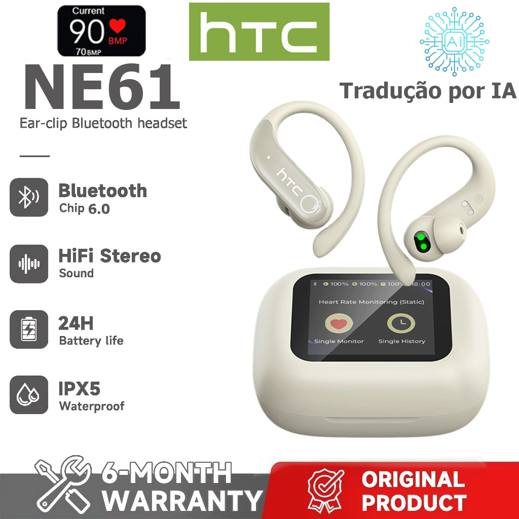 Garantia de um ano HTC NE61 AI Tradução Tradução em tempo Real Monitoramento de frequência cardíaca TWS Fone de ouvido B