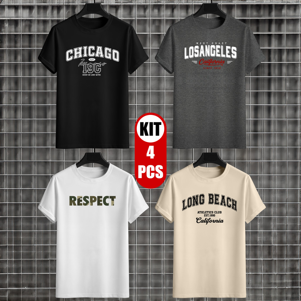 Kit 4 Camisetas Masculina Estampada Respect 100% Algodão em Oferta na Shopee