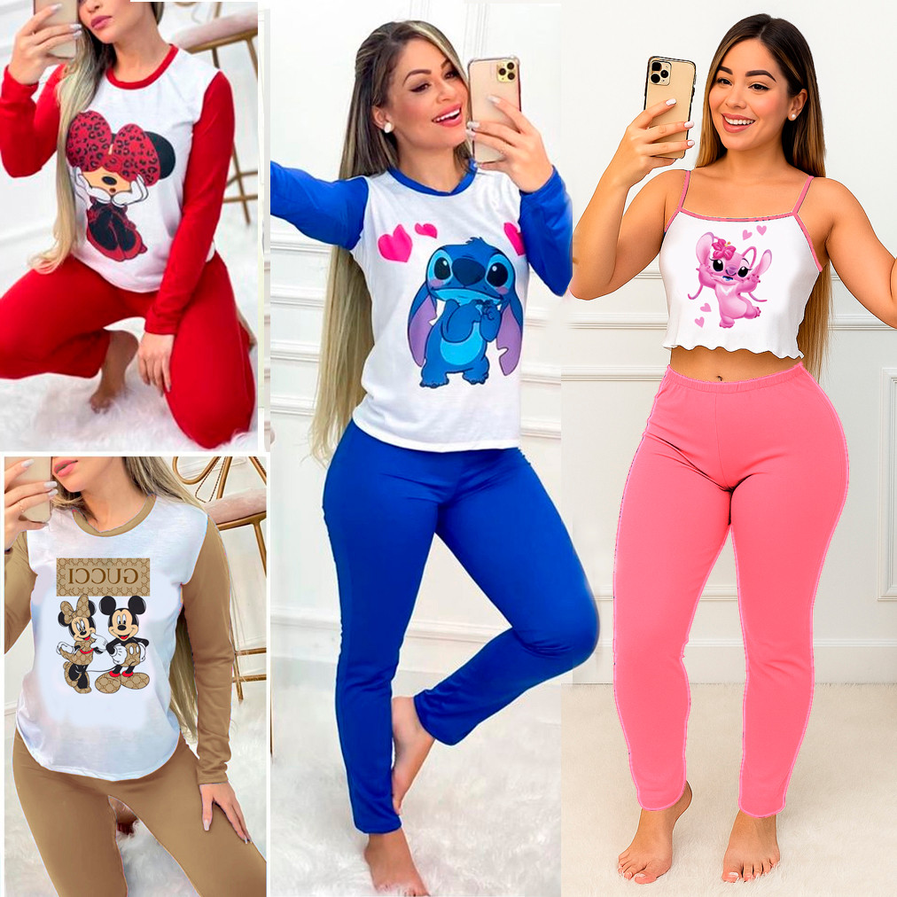 Pijama Feminino Manga Longa e Calça Luxo Inverno Personagens