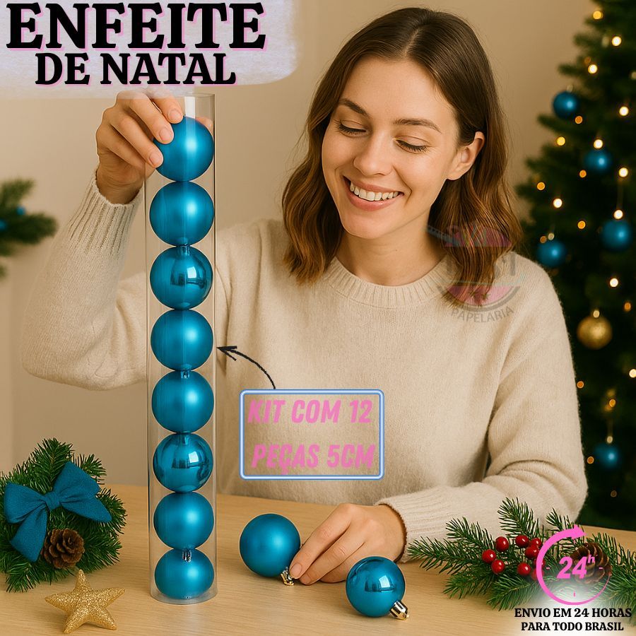 Bolinhas Bola de Natal 5CM Kit 12 Unidade Decoração Para Árvore Natalina Luxo Enfeites Azul Premium