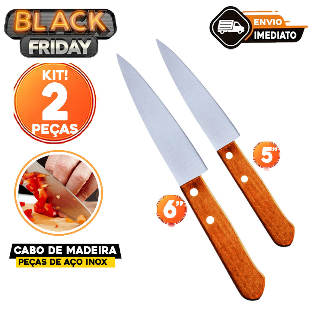 Kit  2 Faca de Cozinha Cabo de Madeira Lãmina em Aço Inoxde Carne Churrasco Peixeira de Inox 5" e 6"para Cozinha Restaur