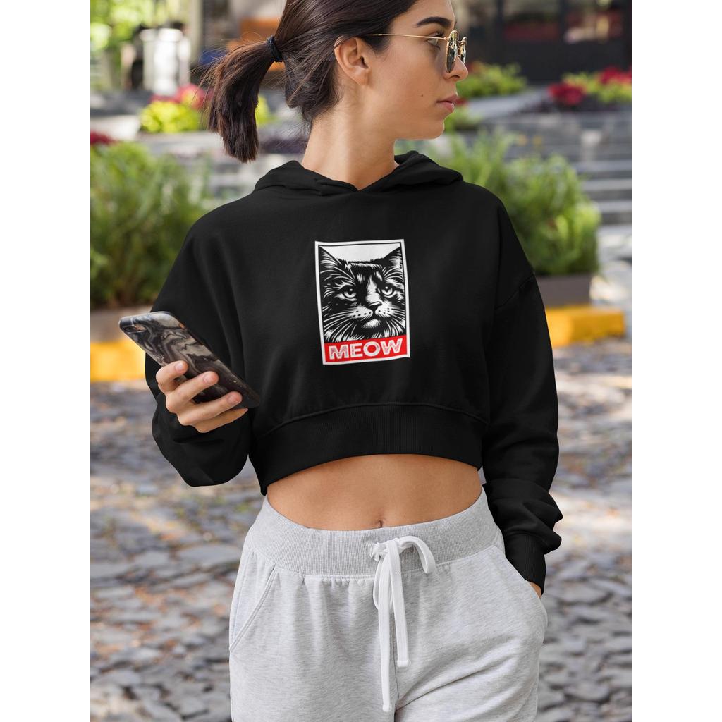 Cropped Moletom Feminino Gato Meow | Estampa Streetwear Art | Fashion Urbano