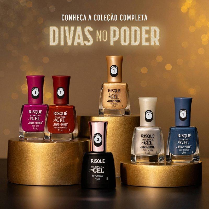 Detalhes do Esmalte Risqué Diamond Gel Divas no Poder Golden Diva 9,5ml