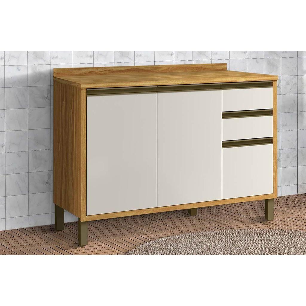 Balcão de Cozinha Tempranillo 2 Portas e 3 Gavetas c/Tampo 120cm Amendoa/Off White - Ronipa em Oferta na Shopee