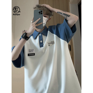 Camisa Polo de cor contrastante de manga curta masculina americana Retro pesada camiseta verão Street Wear solto All-Mat