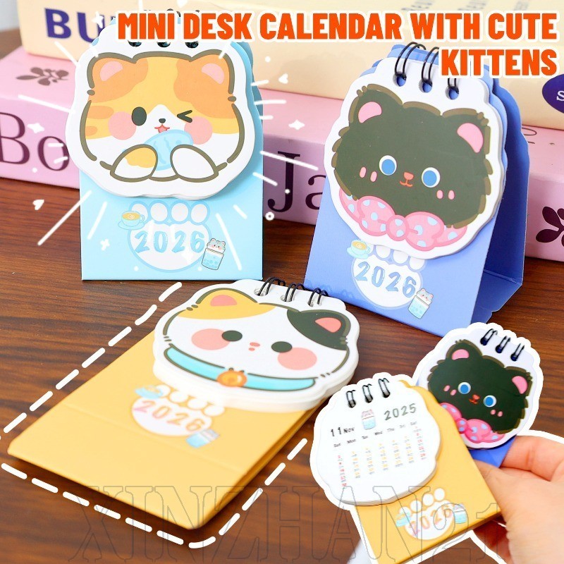 [Feliz Ano Novo] Calendário De Mesa Com Padrão De Gato Fofo-Mini Livro De-Decoração De Agendador Diário De Escritório-En