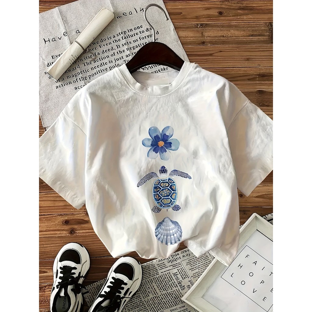 Camiseta Feminina T-shirt Estampada Floral Estrela-do-Mar – Blusa Branca Casual Praia Verão
