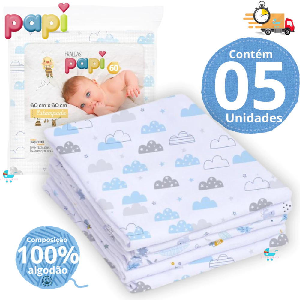Fralda de Pano Bebê 60x60cm 100% Algodão Kit 5, 10 ou 15 Unidades Papi – Azul Rosa Branco Neutro