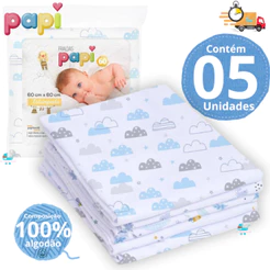 Fralda de Pano Bebê 60x60cm 100% Algodão Kit 5, 10 ou 15 Unidades Papi – Azul Rosa Branco Neutro