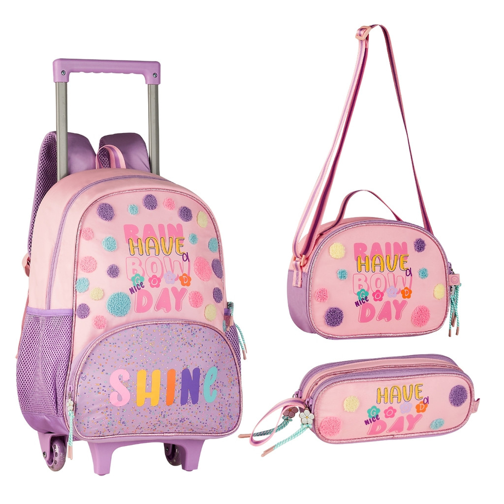 Kit Mochila De Rodinha Infantil Com Lancheira De Ombro E Estojo Duplo Linha Happy Detalhe Em Relevo De Pompom - Clio