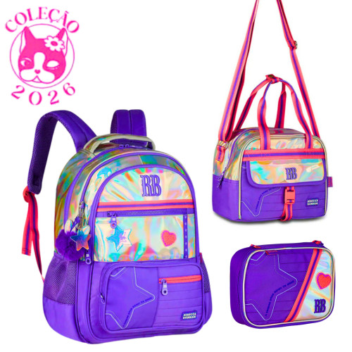 Kit Mochila de Costas ,Lancheira e Estojo Rebecca Bonbon Holo Shine Cor:Roxo