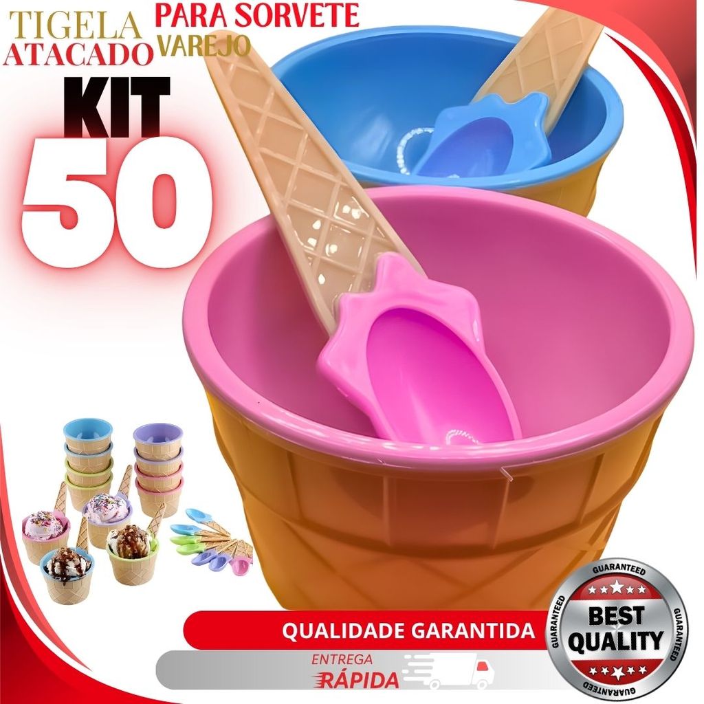 KIT Jogo 50  ou 25 Tigela Pote de Plástico + Colher Tigela 200 ML Para Sobremesa Sorvete Açai Casquinha Sorvete