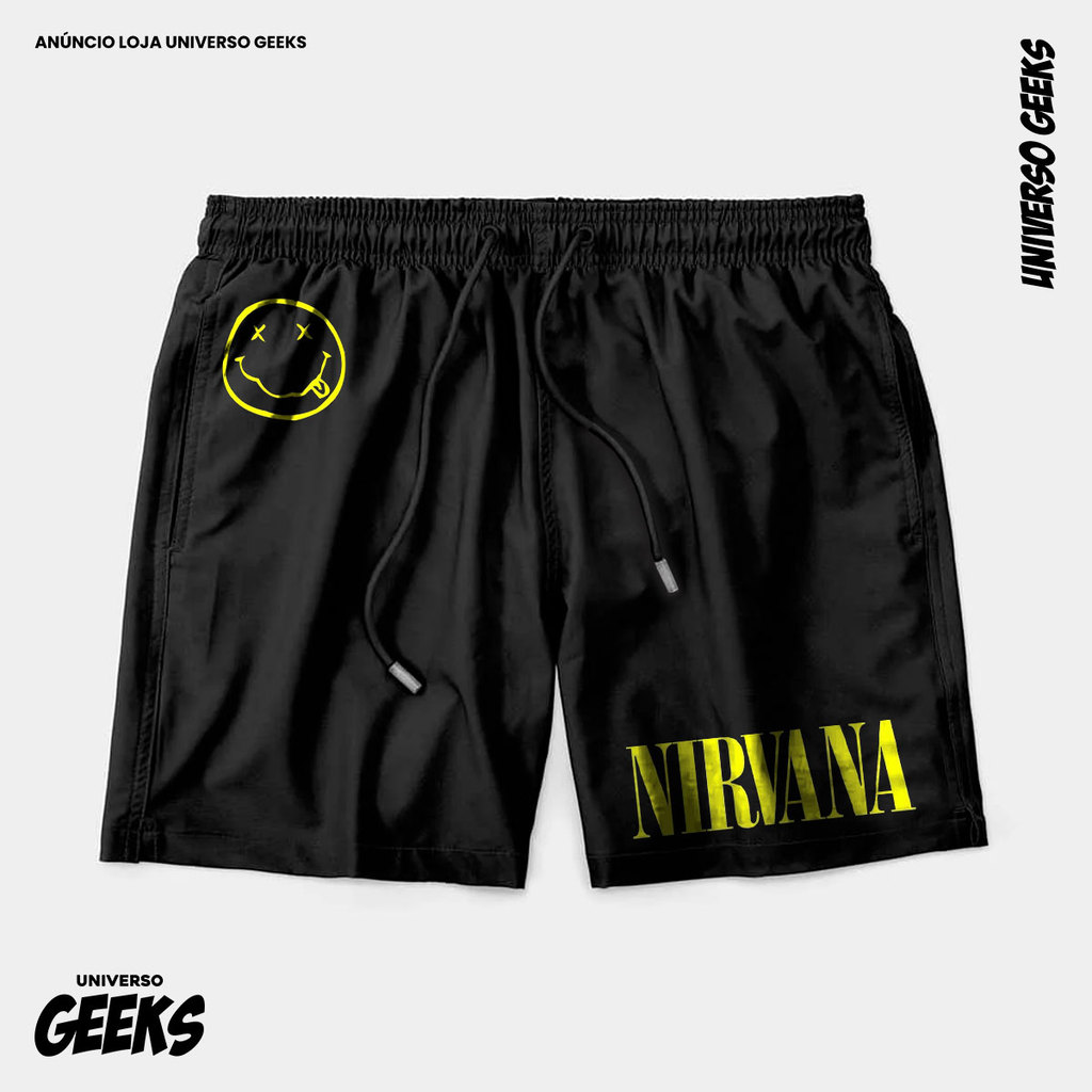 Bermuda Tactel Nirvana Banda Rock Smiley Short Confortável Com Elastano Ideal Lazer Treino Esportes Praia
