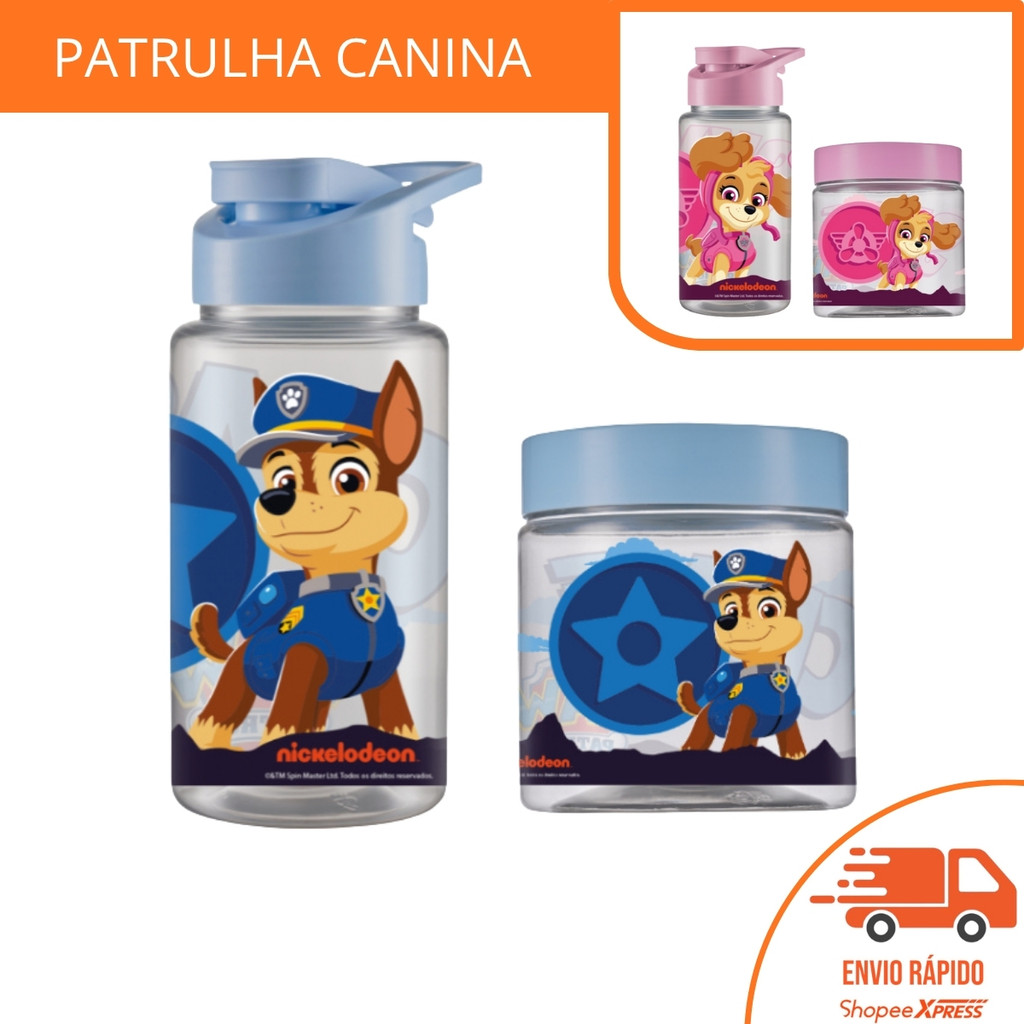 Kit Lancheira Patrulha Canina Chase Skye | Squeeze garrafinha 500ml + Pote 550ml | Presente Volta às Aulas