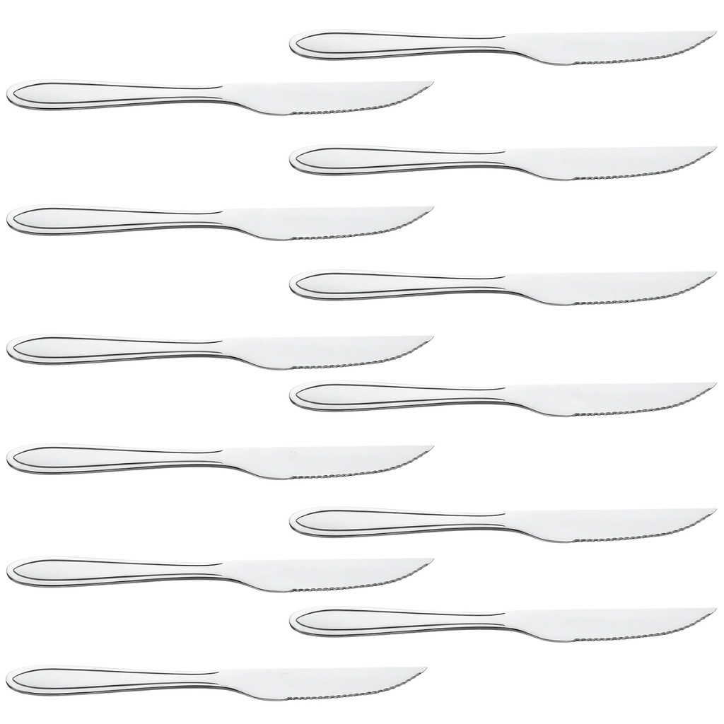Jogo de 12 Facas P/ Churrasco Inox Profissional Utensílio de Cozinha Alta Durabilidade Corte Refeição Restaurante Buffet