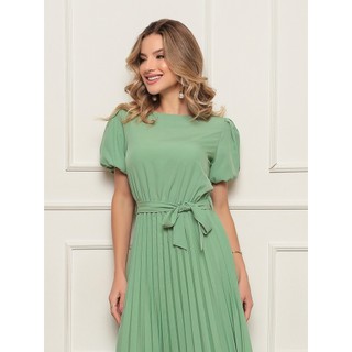 Vestido Midi Feminino Plissado com Mangas Bufantes e Faixa na Cintura – Estilo Delicado para Festa ou Trabalho