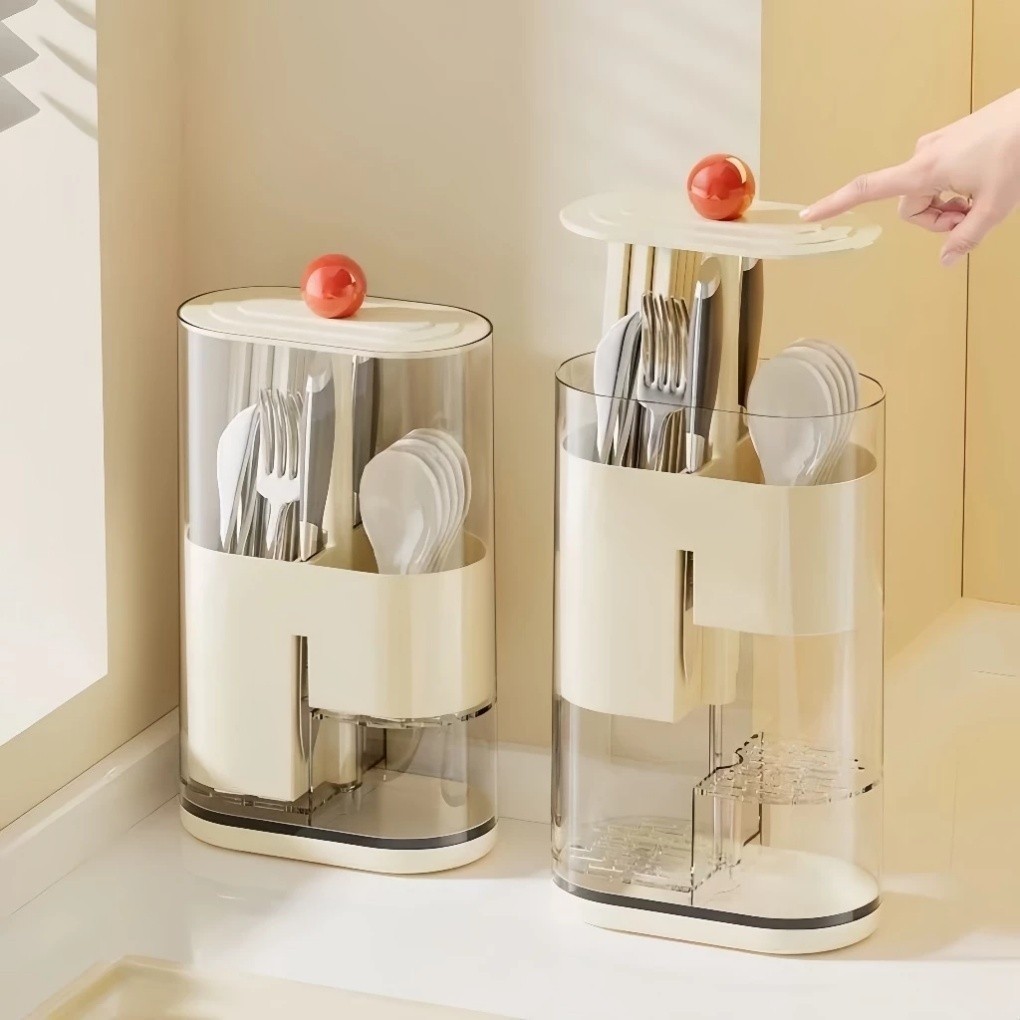 Organizador de Talheres com Tampa e Escorredor – Porta Talheres Antipoeira e Drenante para Cozinha em Oferta na Shopee