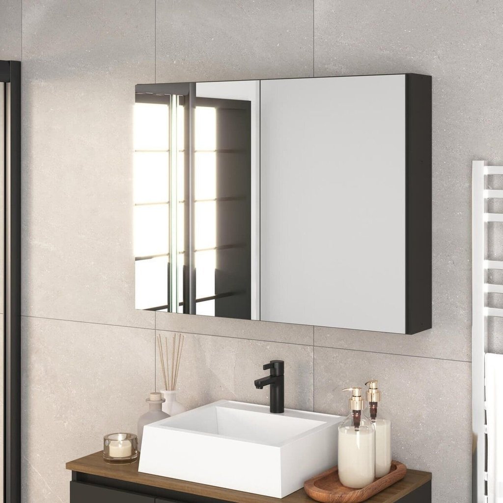 Armário Espelheira para Banheiro 80cm com 2 Portas de Espelho Aurora Grafite em Oferta na Shopee