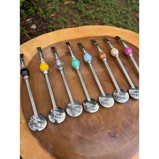 Bomba de Chimarrão Inox Com Pedra Colorida Sem Rosca em Oferta na Shopee