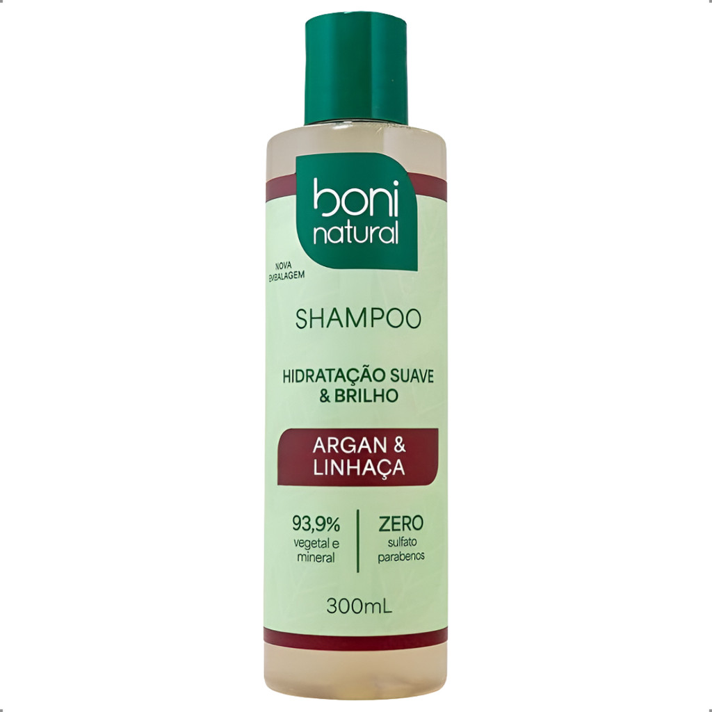 Shampoo Argan e Linhaça Hidratação e Limpeza Capilar Vegano Boni Natural 300mL