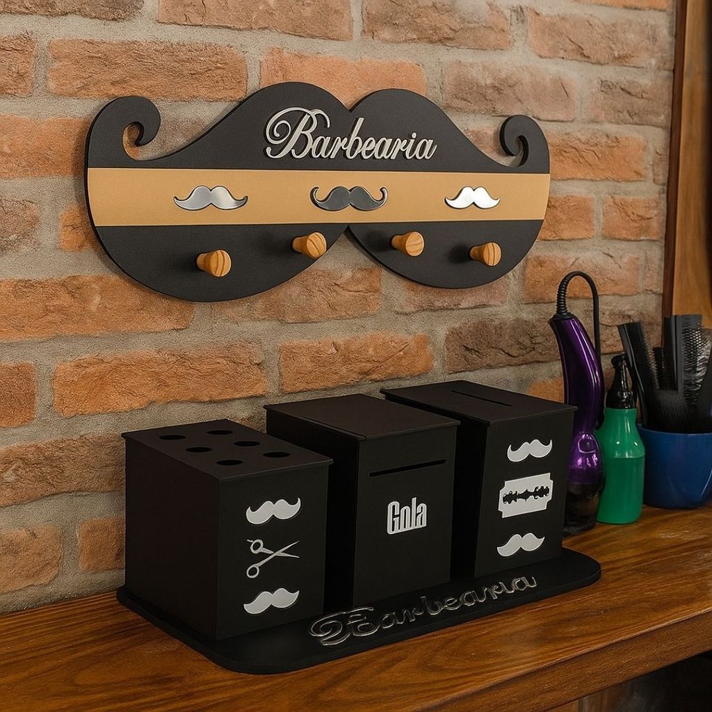 Kit Barbearia Descarte de Lâminas Porte Tesoura Gola Higiênica Prata Cabideiro Decorado MDF