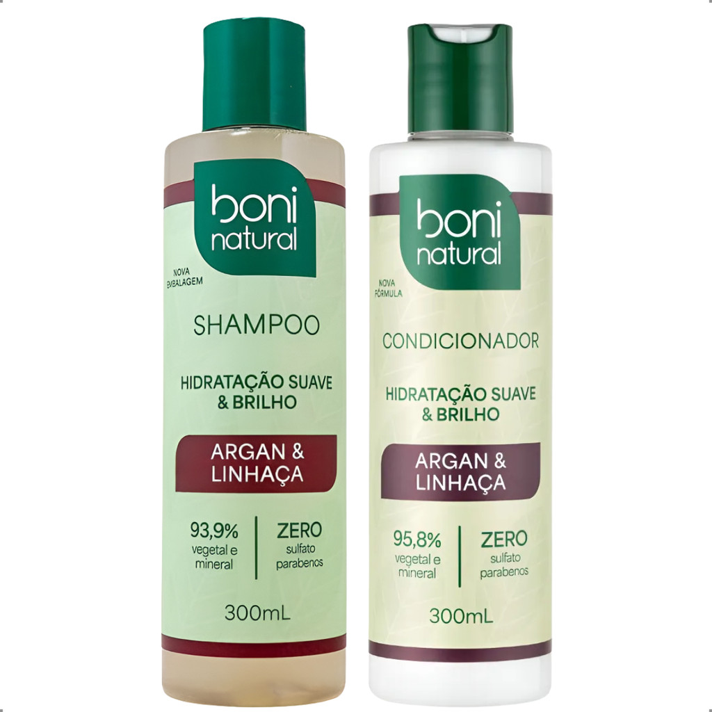 KIT Argan e Linhaça Vegano Shampoo + Condicionador Hidratação e Brilho Boni Natural 300mL