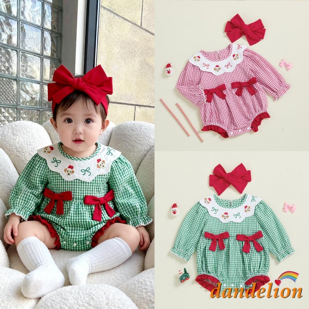 Roupa De Natal Para Bebês Meninas Com Estampa Xadrez Bordado De Cachorro Babado Gola Redonda Manga Comprida Macacão + Fa