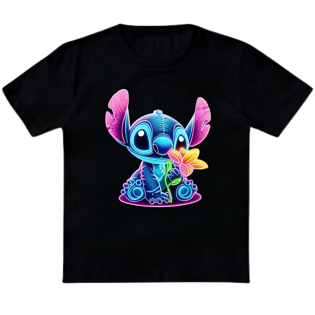 Camiseta Camisa 30.1 Stitch Neon infantil juvenil feminina camiseta meninas t-shirt moda estilosa basica Algodão Premium