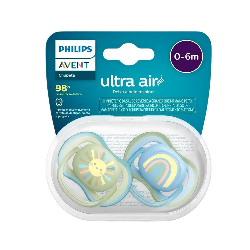 Chupeta Ultra Air Philips Avent 0–6 Meses – Kit Duplo Azul e Verde (SCF085/58) em Oferta na Shopee