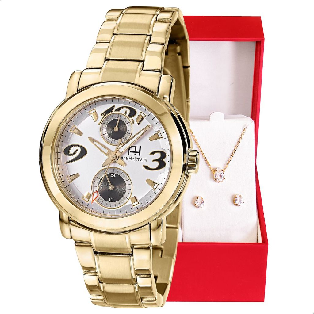 Relógio Feminino Champion Ana Hickmann Dourado MultiFunção Original + Conjunto C