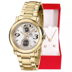 Relógio Feminino Champion Ana Hickmann Dourado MultiFunção Original + Conjunto Colar e Brinco AH30291H Relógio Analógico