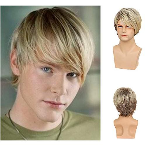 Peruca Curta Masculina em Camadas Loira Peruca Masculina Cabelo Sintético Perucas Resistentes ao Calor Cosplay Festa de