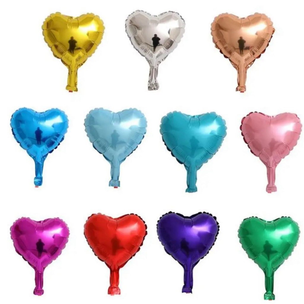 Kit c/25 Balão Metalizado Coração Centro Mesa 10 Polegadas 22cm Vermelho Dourado Prata Azul Rose